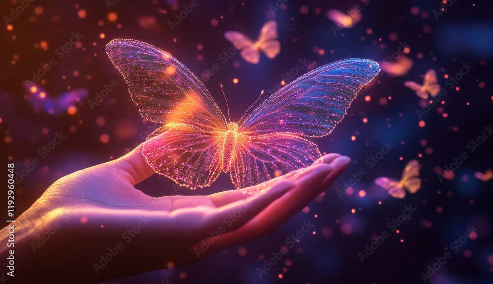 Poster captivating digital butterfly emerging from a gentle hand surrounded by glowing particles and soft b