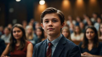Obraz premium Focused preteen boy in formal wear amidst a lecture hall audience