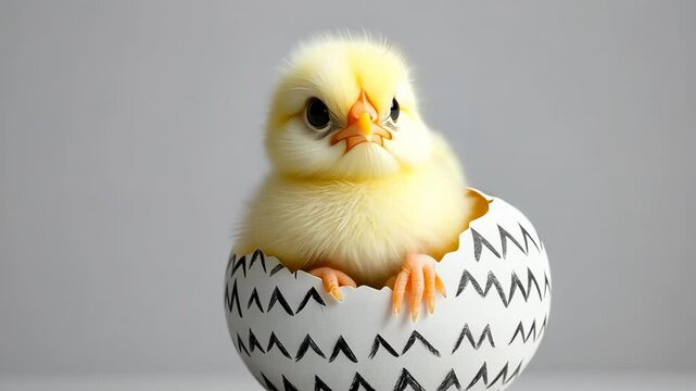 Cute and Fluffy Baby Chick Hatching from Patterned Eggshell, Full of Joy and Curiosity