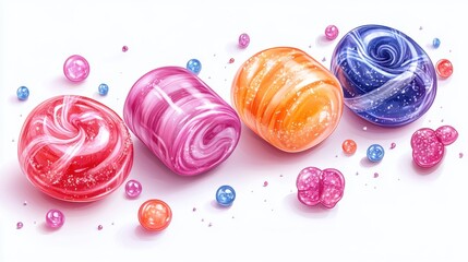 Colorful and Swirly Candy with Glittery Details on a White Background, Perfect for Use in Designs Related to Sweet Treats, Desserts, and Celebrations