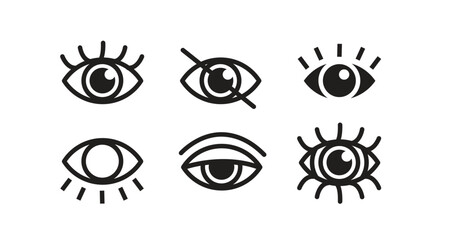 set of eye icon illustrations in various forms, symbols of visibility or sight. suitable for creating posters and websites