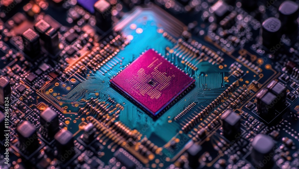 Poster close-up of a colorful microchip with intricate circuitry and modern technology elements showcasing 