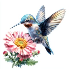 Fototapeta premium Vibrant Hummingbird Hovering Above a Colorful Pink Flower in Natural Setting