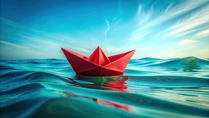 Fototapeta premium A vibrant red origami boat floats serenely on a calm ocean's surface, reflecting the bright sky above.