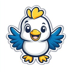 Happy cartoon bird mascot, cheerful wings, white background, kids design, children's book