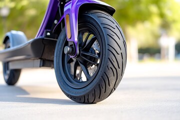 Fototapeta premium Purple electric scooter tire close-up, outdoors, park background, transportation