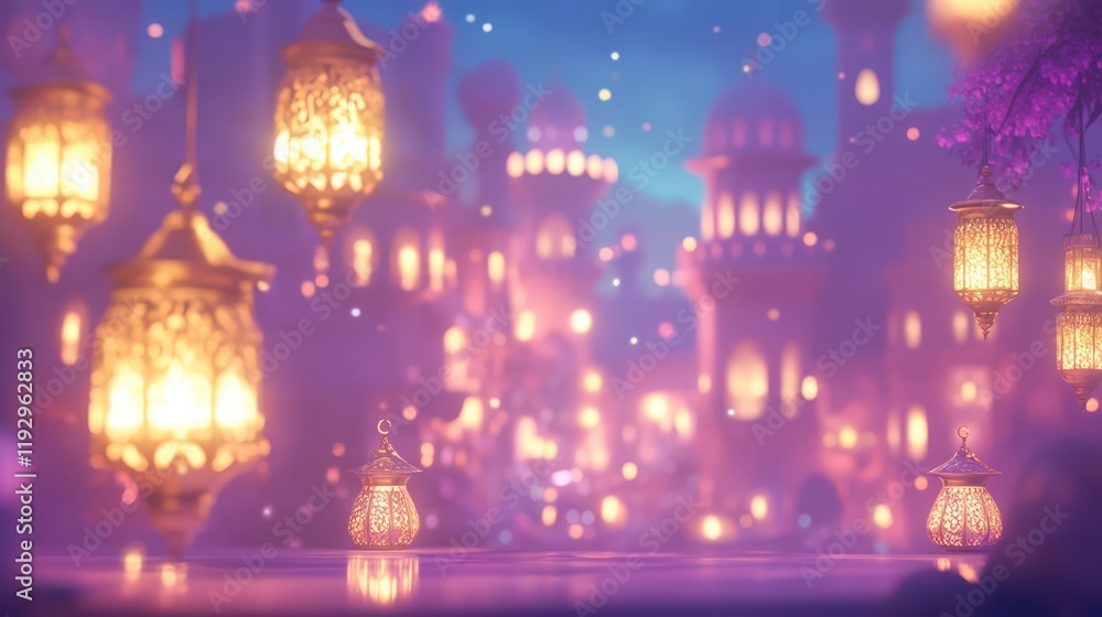 Poster glowing lanterns illuminate a magical cityscape under a soft twilight sky creating a serene atmosphe