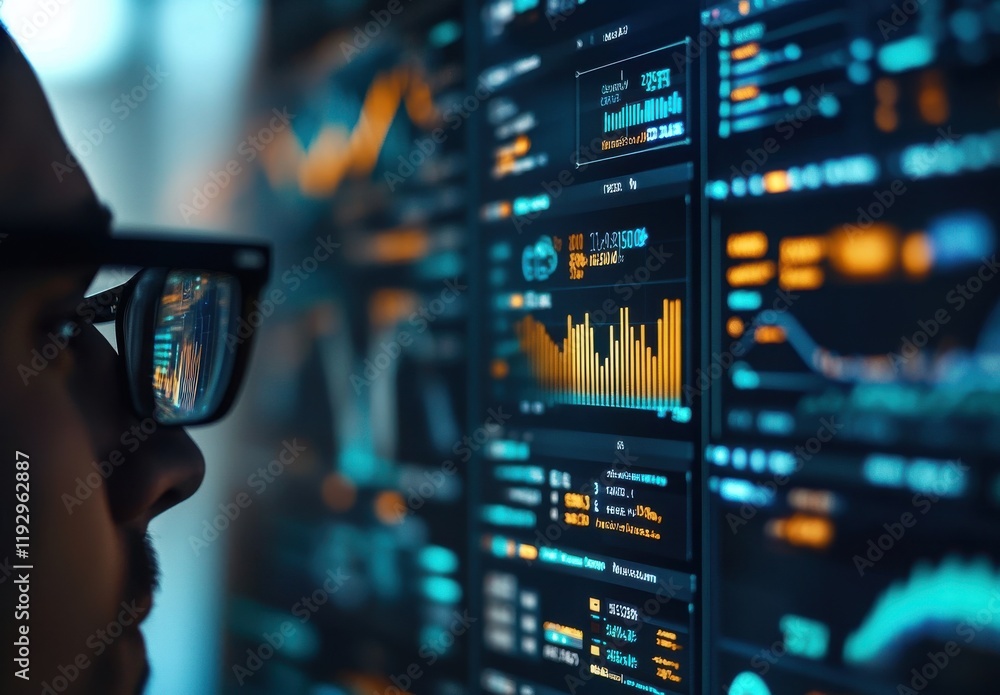 Poster close-up of a person analyzing data on a digital screen with illuminated graphs, charts, and statist