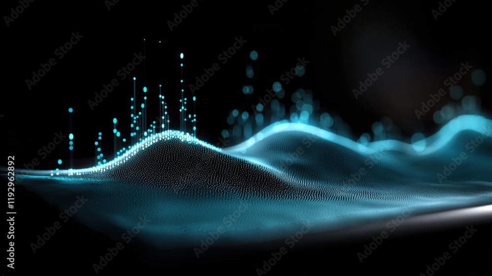 Poster a visual representation of abstract waves with glowing blue particles, creating a dynamic and futuri