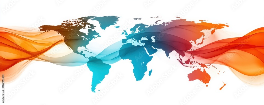 Poster a colorful world map with flowing waves, symbolizing global connectivity and movement across contine