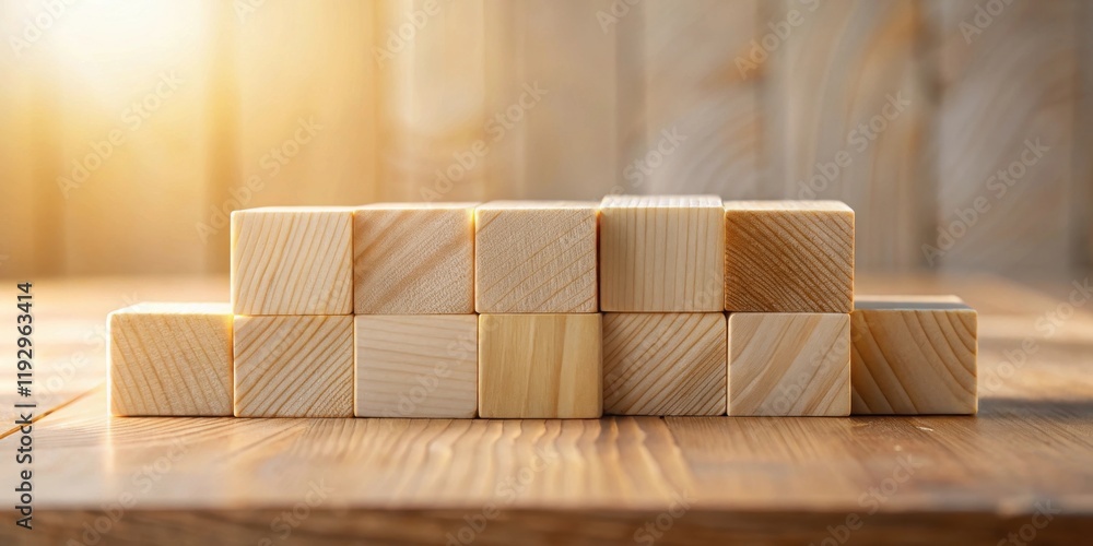 Poster wooden blocks arranged in a stair-step formation on a rustic wooden surface, illuminated by warm sun
