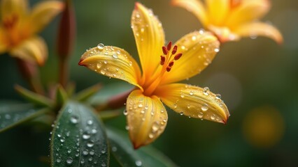 Obraz premium Close-Up of Vibrant Yellow Flowers with Dew Against Lush Green Background
