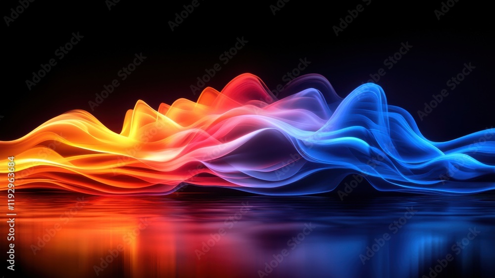 Poster a vibrant wave of colorful light flows across a dark background, blending warm and cool tones in a f