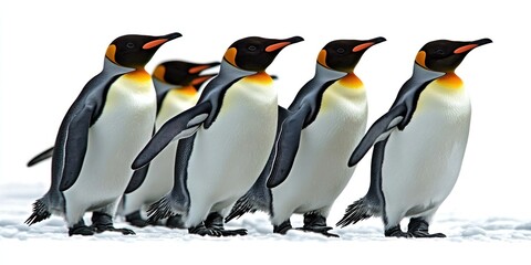 Fototapeta premium A group of penguins marches forward in perfect formation on a white background, embodying themes of teamwork, unity, leadership, and cooperation with grace and purpose.