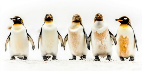 Obraz premium A group of penguins, in perfect formation, marching forward on a white background, symbolizing teamwork, unity, leadership, and cooperation.