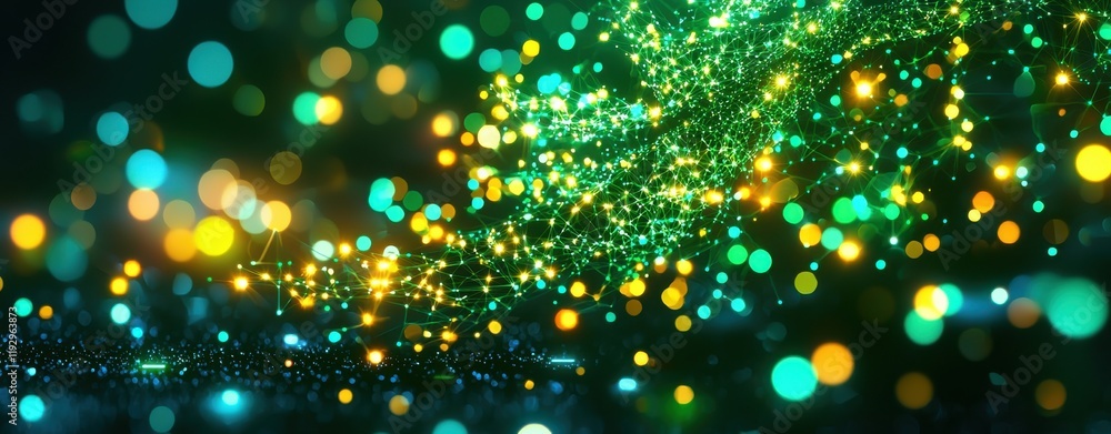 Poster a vibrant, abstract image featuring glowing dots in green and yellow hues, creating a dynamic and en