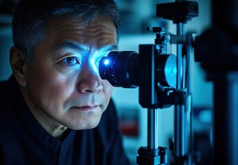 Close-Up of an Eye Examination Process with a Focused Medical Professional Using an Opthalmoscope in a Clinical Setting for Vision Care and Eye Health