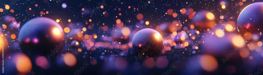 Poster a mesmerizing scene of glowing spheres amidst a backdrop of vibrant particles and colors, creating a