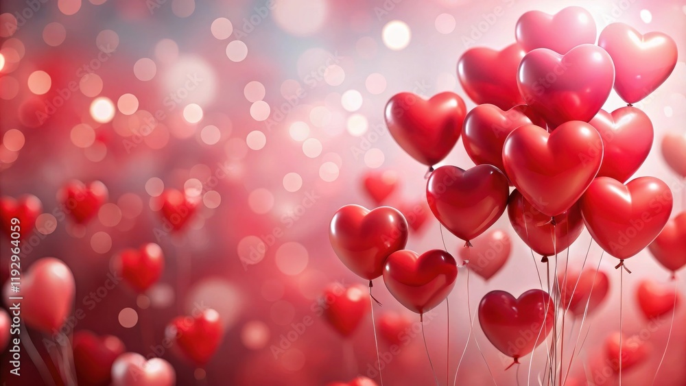 Poster romantic red heart balloons floating in a festive setting