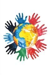 Fototapeta premium Abstract globe with handprints in vibrant colors symbolizing unity