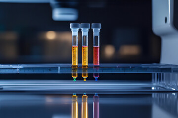 Colorful vials filled with various liquids sit in a laboratory setting, showcasing a range of chemical tests and experiments conducted in the modern science lab