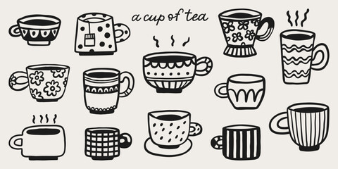 Cute doodle cups of tea or coffee. Hand drawn vector set. Teacup collection for English afternoon tea ceremony