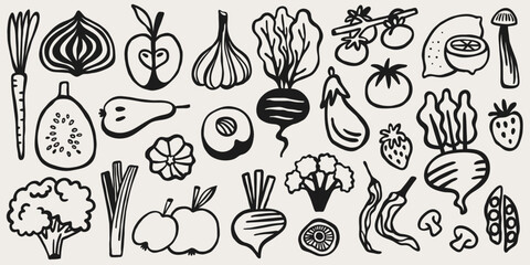 Cute vegetable hand drawn doodle elements. Vegetable shop vector set