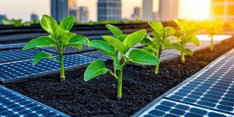 Fototapeta premium Urban Rooftop Garden with Solar Panels