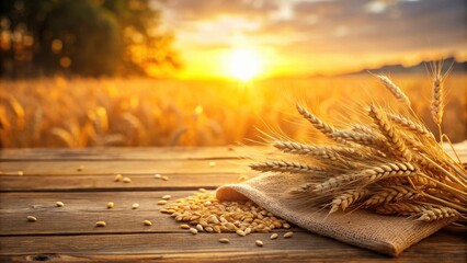 Golden Wheat Sheaves at Sunset on Rustic Wooden Table