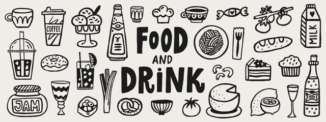 Cute food and drink hand drawn doodle elements. Cafe vector set, breakfast, brunch, lunch menu drawings