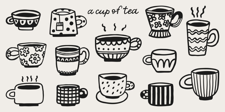 Cute doodle cups of tea or coffee. Hand drawn vector set. Teacup collection for English afternoon tea ceremony