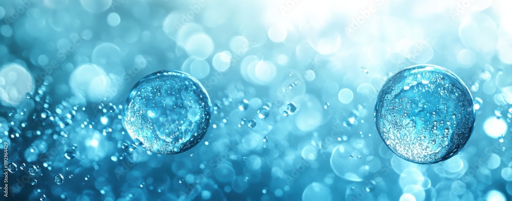 Poster close-up of sparkling water droplets capturing light, creating a beautiful bokeh effect in a soft bl