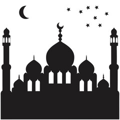 Islamic Mosque Silhouette Vector with Crescent Moon and Stars mosque silhouette, Islamic vector, crescent moon and mosque, black mosque illustration, Ramadan Kareem vector, Eid design element, Islamic