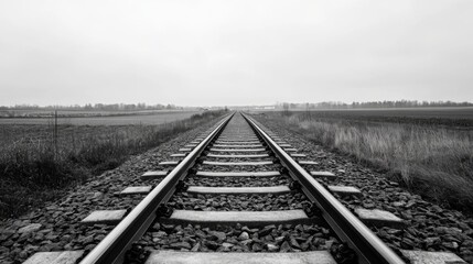 Fototapeta premium Monochrome view of railway tracks receding into a misty, flat landscape.