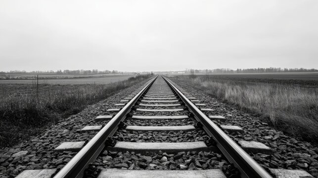 Monochrome view of railway tracks receding into a misty, flat landscape.