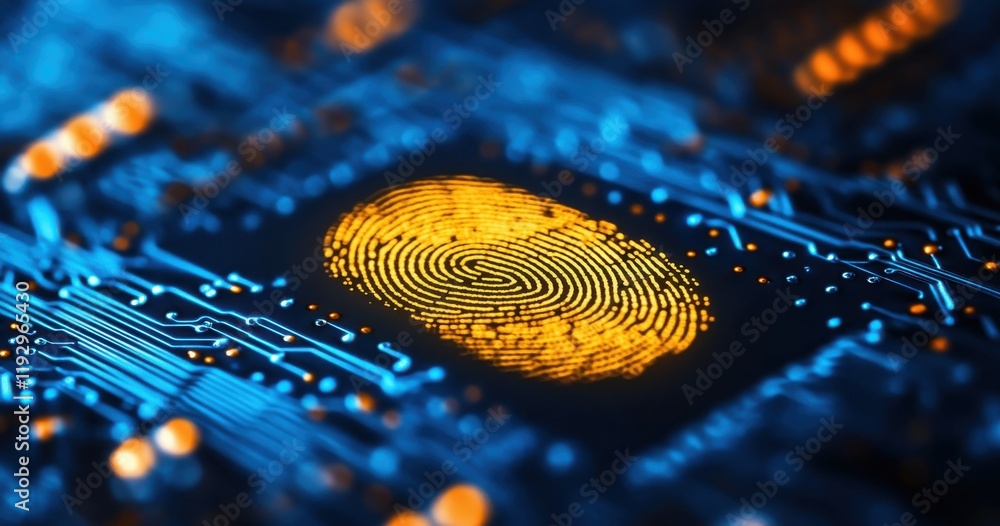 Poster close-up view of a golden fingerprint on a circuit board, illustrating the concept of digital securi