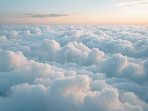 Peaceful aerial view of fluffy white clouds illuminated by soft sunrise light, creating a tranquil atmosphere.