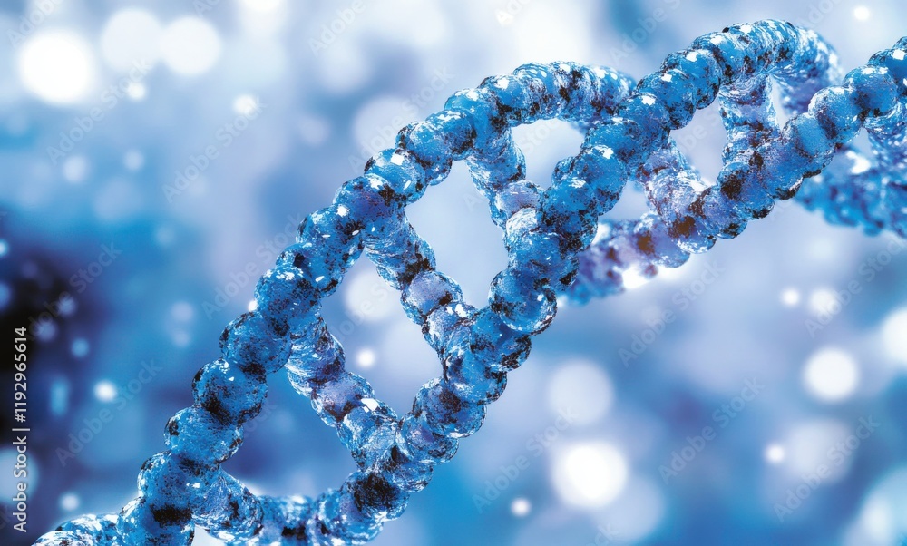 Poster close-up view of a light blue dna helix structure on a soft blurred background representing genetic 