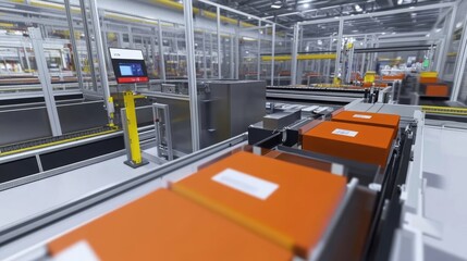 Naklejka premium Orange boxes moving on a conveyor belt in a modern automated factory setting, showcasing advanced manufacturing processes and industrial automation technology