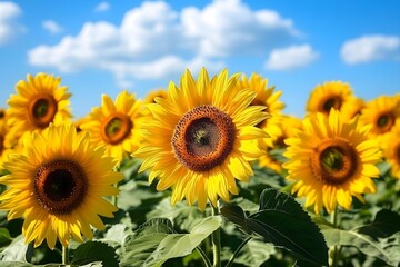 Obraz premium Bright yellow sunflowers in full bloom against a vibrant blue summer sky.