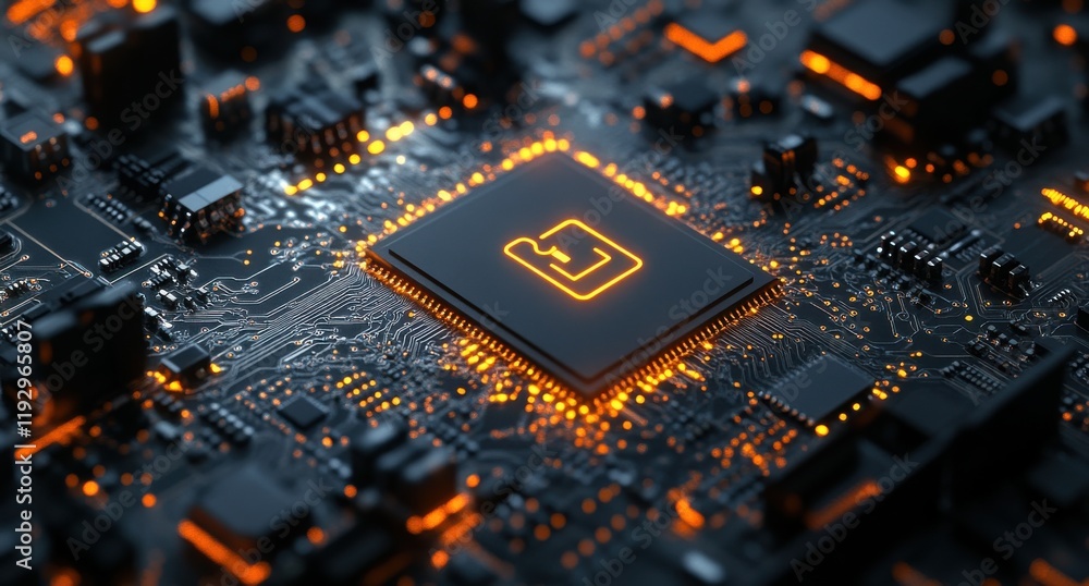 Poster close-up view of a modern circuit board with glowing orange components and intricate details of micr