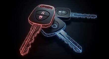 Futuristic glowing car keys.  Digital technology, illuminated security.
