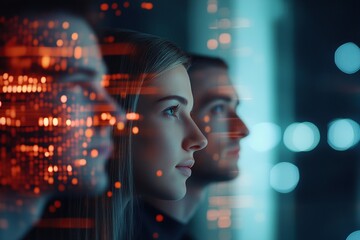 Group of individuals contemplating data analysis in a modern, tech-inspired environment at night