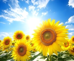 Fototapeta premium Bright yellow sunflowers in full bloom against a vibrant blue summer sky.