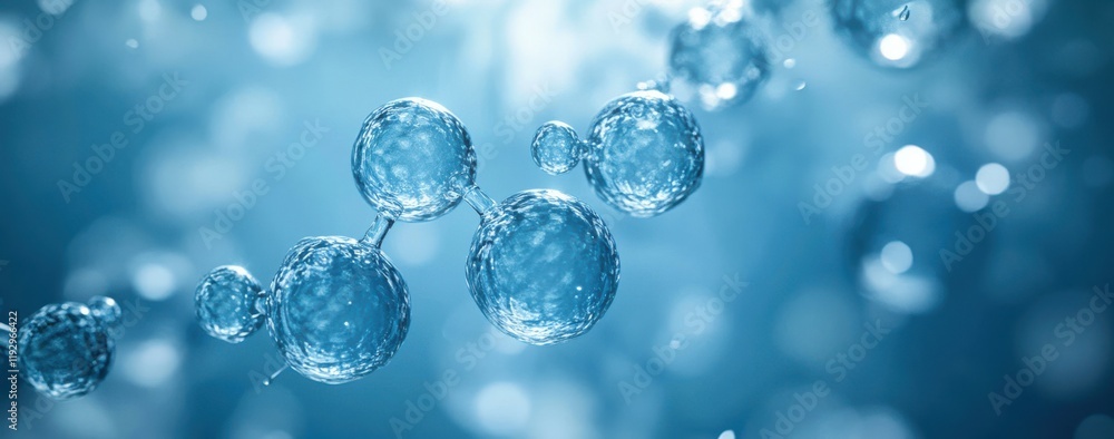Poster close-up view of floating water bubbles in a blue abstract background creating a beautiful and tranq