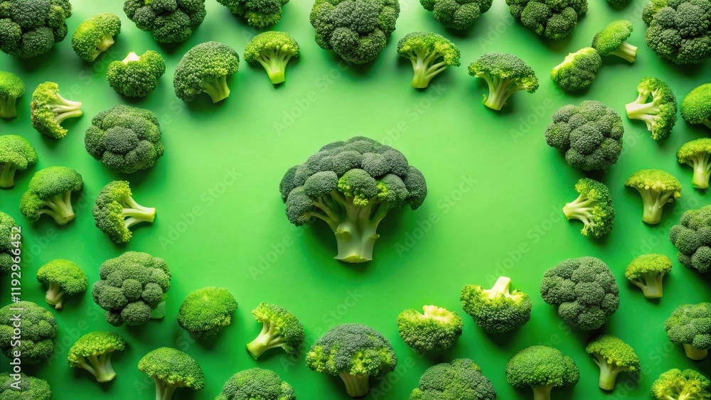 Poster Vibrant Green Broccoli Florets Arranged in a Delightful Pattern on a Matching Background