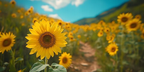 Fototapeta premium Bright yellow sunflowers in full bloom against a vibrant blue summer sky.