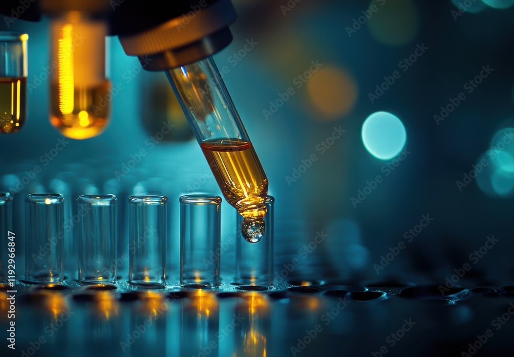 Poster close-up view of pipette dropping liquid into test tubes with soft focus background creating a labor