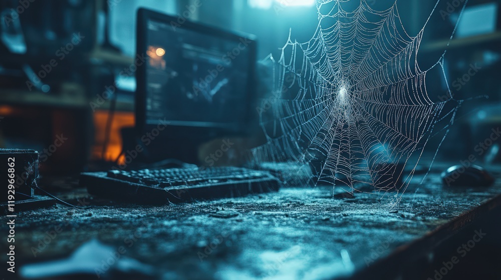 Poster dusty computer desk with a spiderweb overlay, suggesting neglect or abandoned workspace.