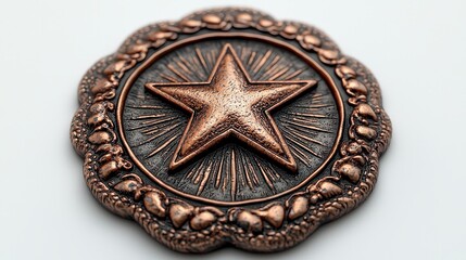 Close-up of an ornate copper star medal.
